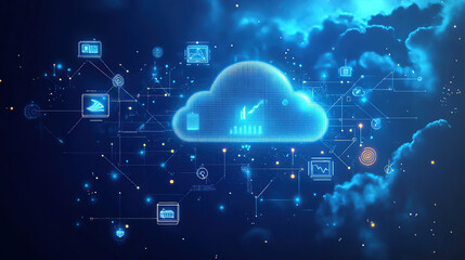 A cloud with various digital icons floating above it