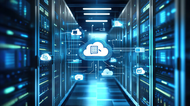 Digital illustration of cloud storage technology with icons and data connection in server room background - Powered by Adobe