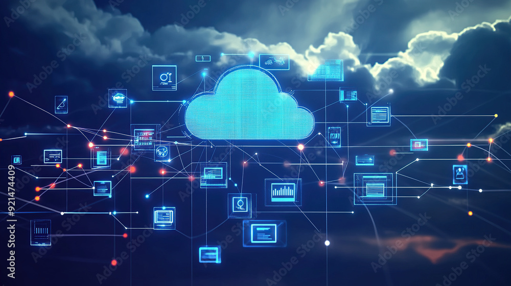 Poster a cloud with various digital icons floating above it