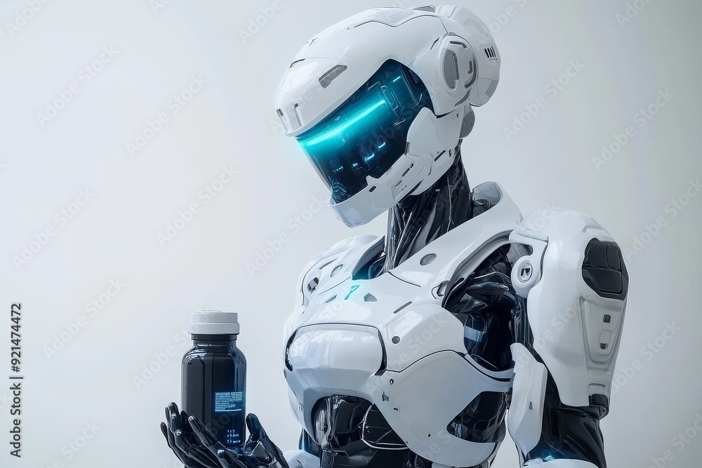 Poster white robotic entity holding a small robotic dog in a lab setting