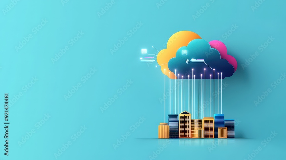 Poster giant cloud hovering over a city with data beams connecting