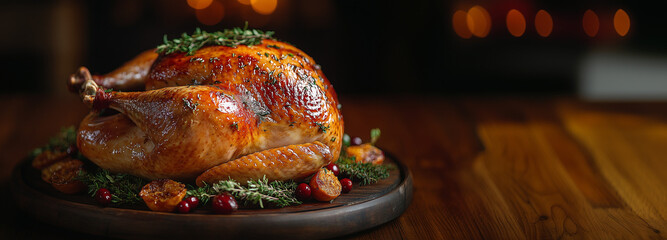 Thanksgiving turkey on a plate. roast chicken with garnish on a plate. Fall thanksgiving table with roasting chicken or turkey food on black background