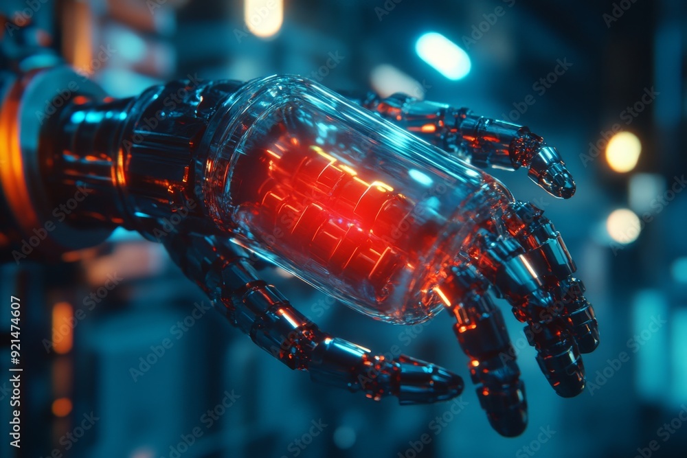 Poster robot arm reaching towards a red pill in a dynamic motion