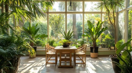 A sunlit conservatory with a table and chairs surrounded by lush greenery.