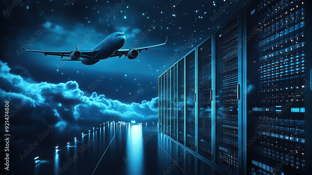 Poster digital air flight background with airplane flying over dark blue digital clouds and computer server