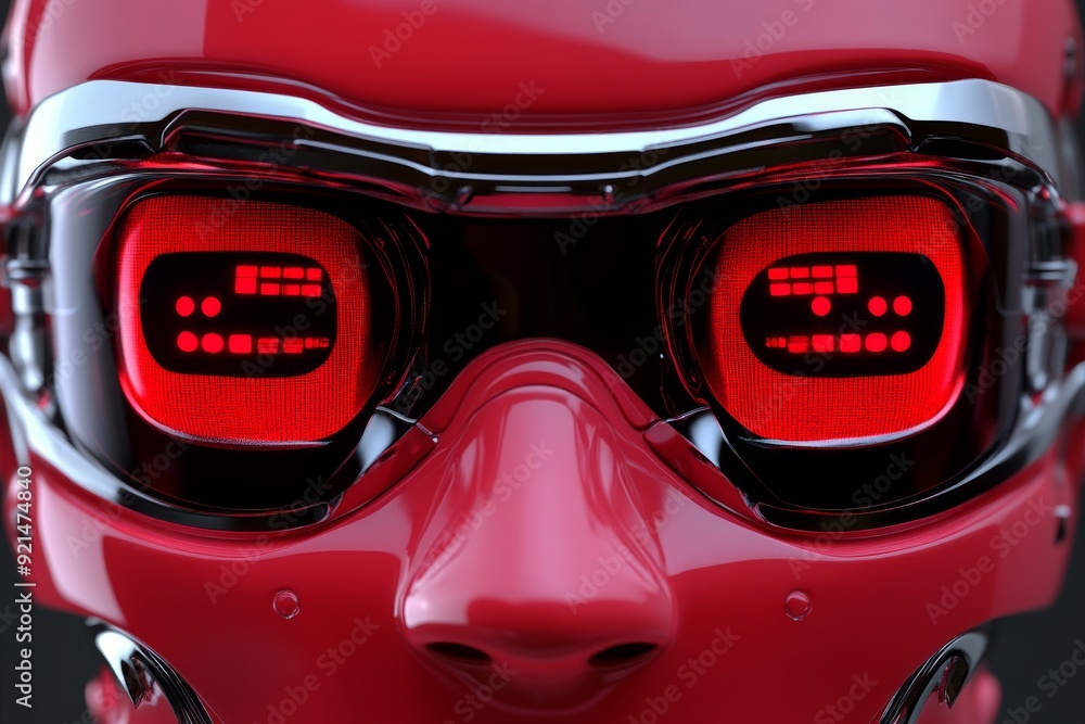 Poster red robot with digital eye display in a high tech manufacturing unit