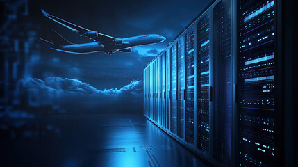 digital air flight background with airplane flying over dark blue digital clouds and computer server rack in data center