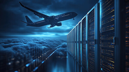 digital air flight background with airplane flying over dark blue digital clouds and computer server rack in data center