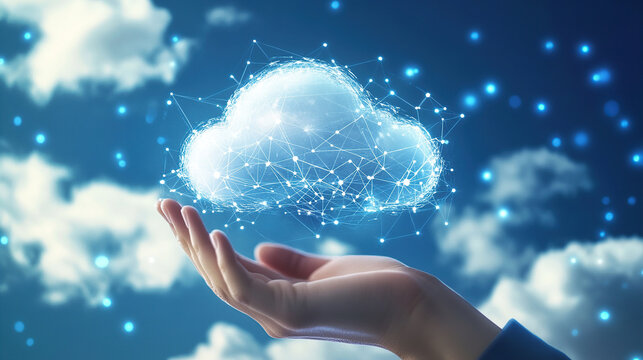 A hand holding a cloud icon with a glowing effect on a dark blue background