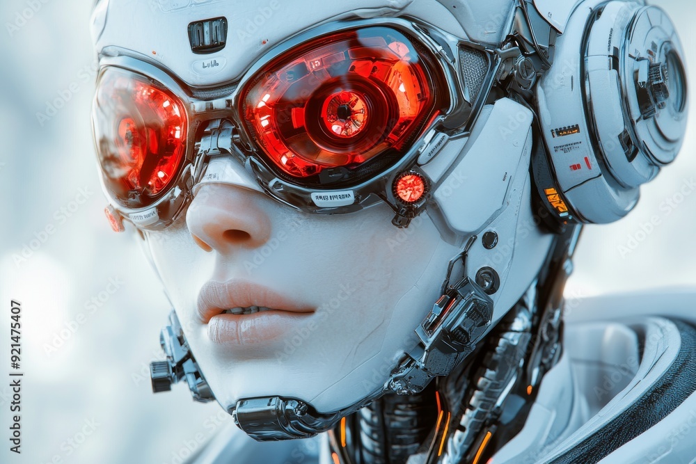 Poster advanced cybernetic face with red vision goggles in a tech environment
