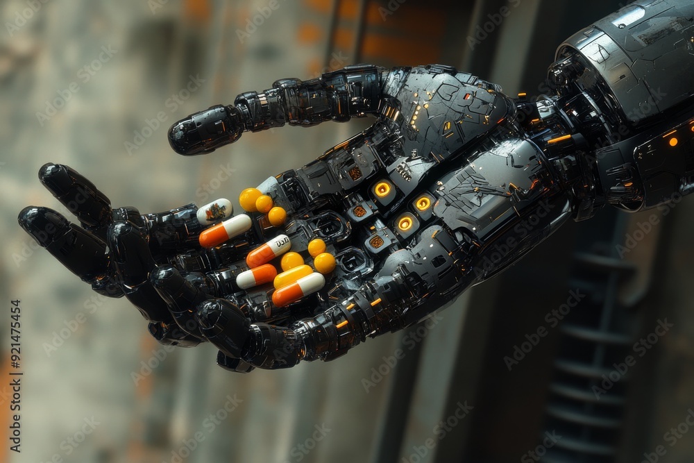 Poster robot hand offering assorted medication in a symbolic gesture of healthcare