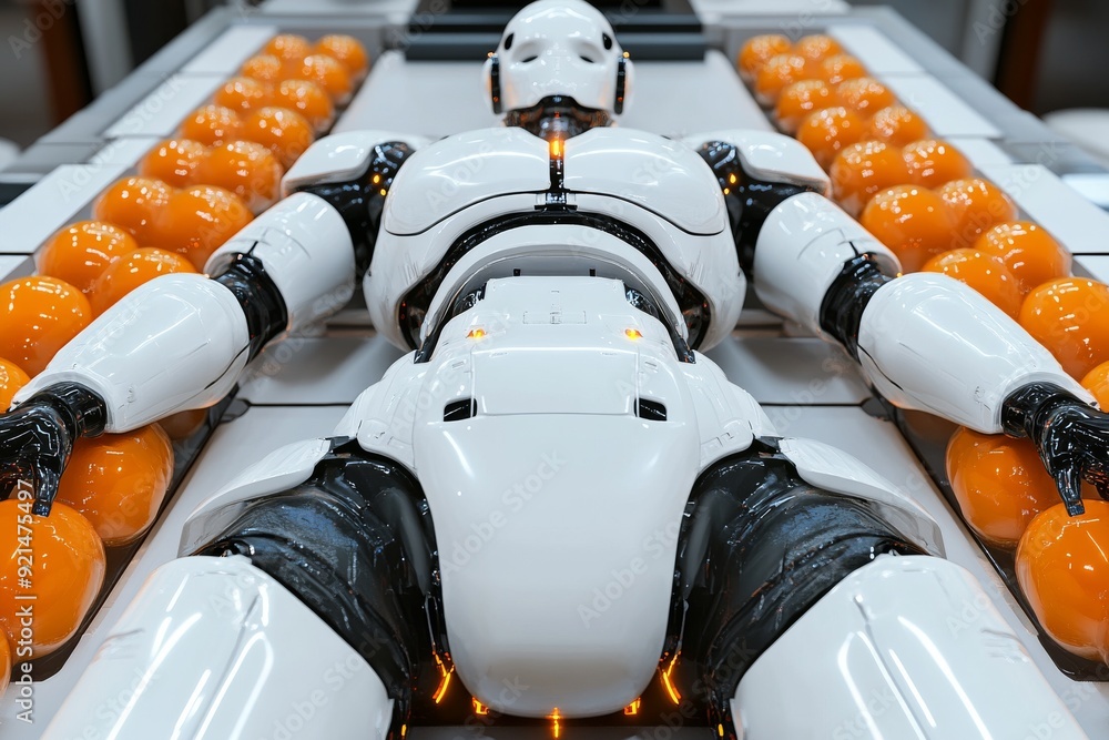 Poster white robotic torso in a futuristic setting with intense focus on technology
