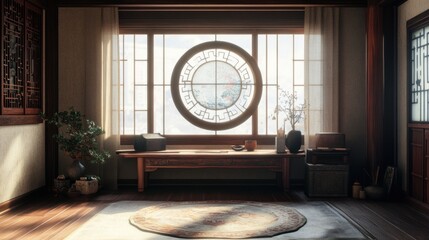 A traditional Japanese interior with a wooden table, a round window, a rug, and various decorative elements.