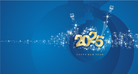 Happy New Year 2025 light stars sparkle firework golden 2025 year blue Christmas ball landscape greeting card