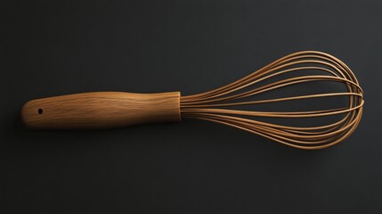 A wooden whisk with a brown handle and a wire whisk head lies on a black surface.