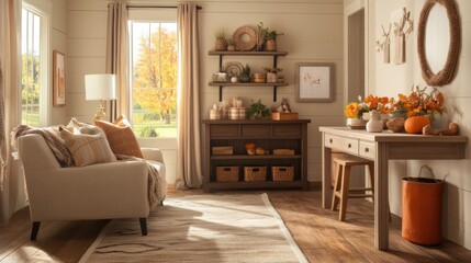Fototapeta premium Cozy living room with a couch, a rug, a side table and a window overlooking fall foliage.