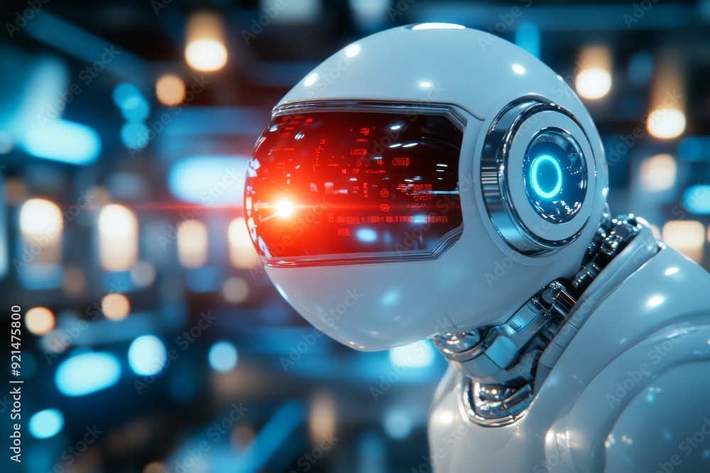 Poster robot with futuristic helmet and illuminated face in a high tech laboratory