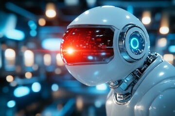 Fototapeta premium Robot with Futuristic Helmet and Illuminated Face in a High Tech Laboratory