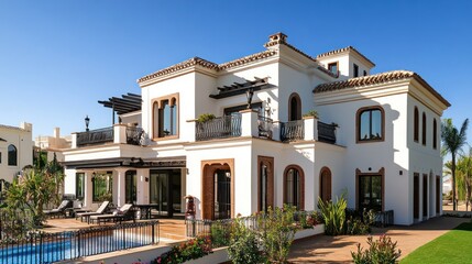 Fototapeta premium A Mediterranean-style villa with a swimming pool and lush landscaping.