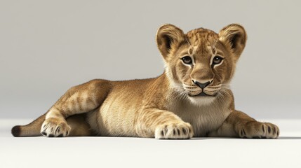 A young lion cub lies on a white background, looking at the camera. Its fur is a light brown color and it has large, black eyes.