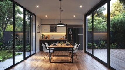 Fototapeta premium Modern dining room with large windows and wooden floors.