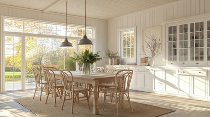 Sunlight streams through windows in a modern farmhouse kitchen with a large dining table and chairs.