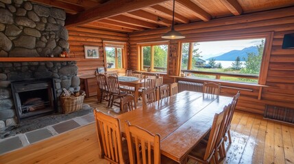 Rustic wooden cabin interior with fireplace and large windows overlooking a mountain view.
