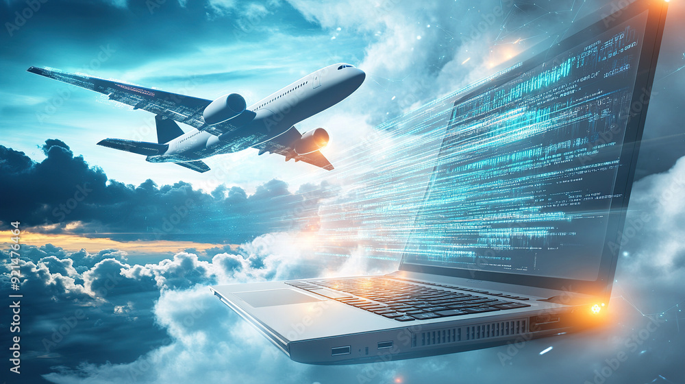 Poster 3d rendering of an airplane flying over a laptop with a digital data and cloud technology background