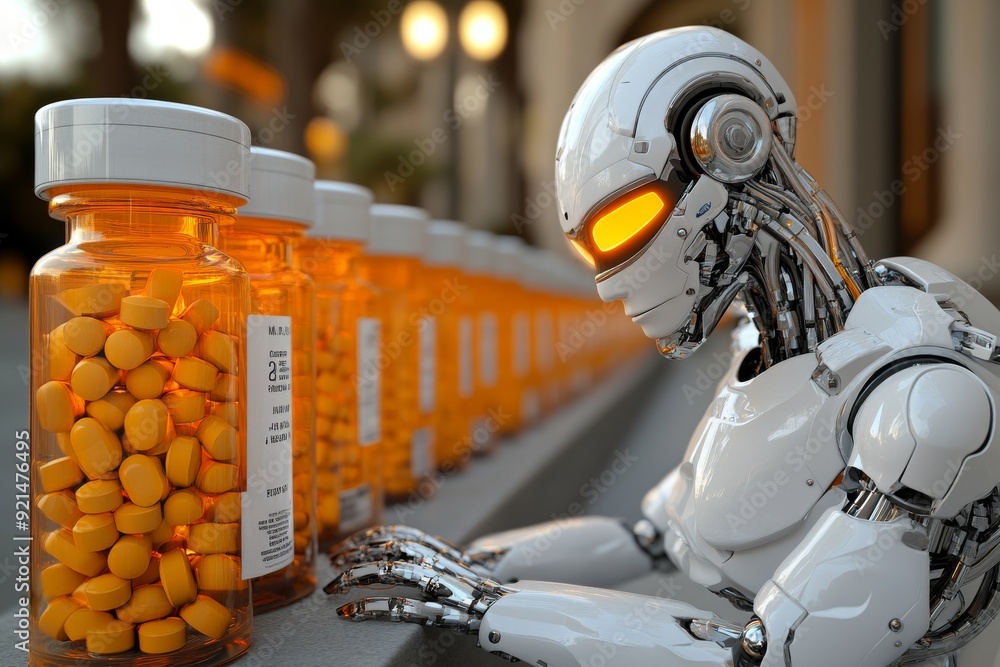 Poster futuristic robot inspecting and sorting medications in an automated pharmacy