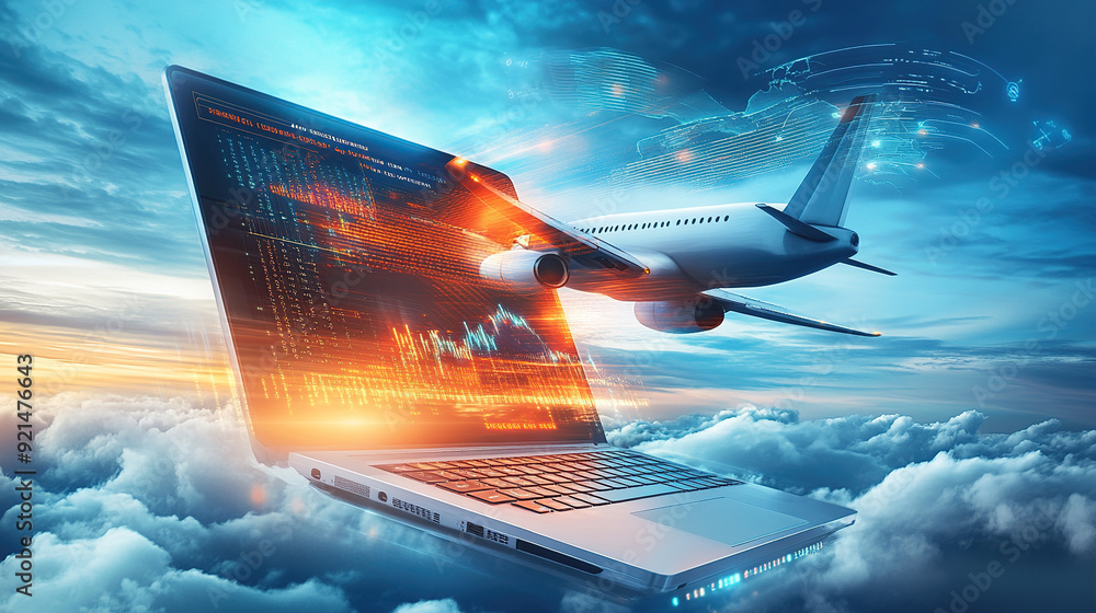 Poster 3d rendering of an airplane flying over a laptop with a digital data and cloud technology background