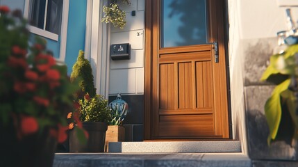 A close-up view of a wooden door with a frosted glass panel and a white trim