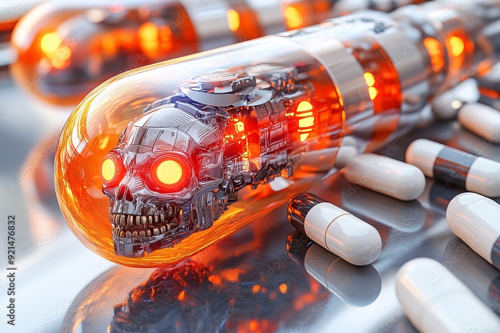 Poster robot with a reflective face surrounded by a cloud of colorful pills symbolizing innovation