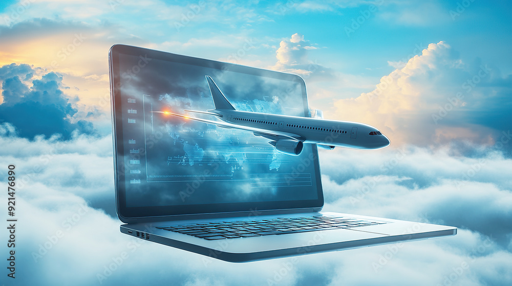 Poster 3d rendering of an airplane flying over a laptop with a digital data and cloud technology background