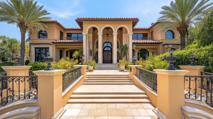 A grand stone staircase leads to the entrance of a mediterranean style home with arched doorways and manicured landscaping.