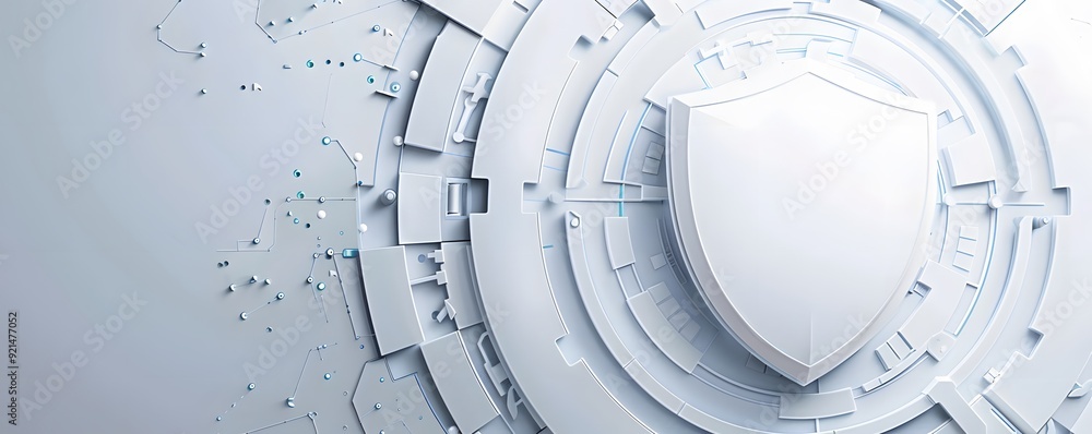 Poster white shield embedded in futuristic abstract technology background