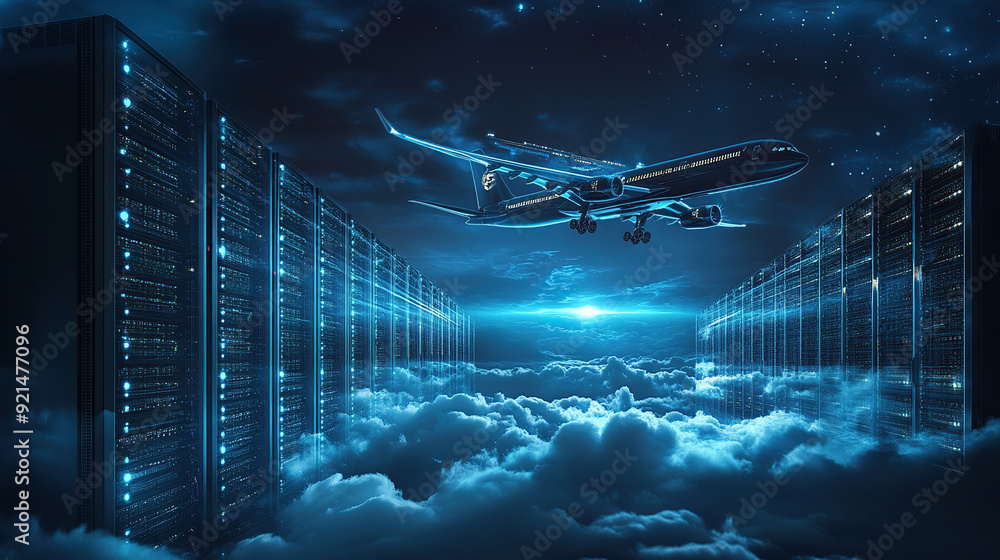 Poster digital air flight background with airplane flying over dark blue digital clouds and computer server