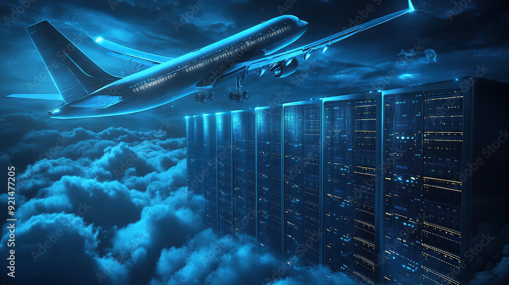 Poster digital air flight background with airplane flying over dark blue digital clouds and computer server