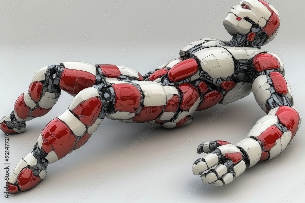 Poster red and white humanoid robot in a relaxed pose showcasing advanced robotics design and comfort