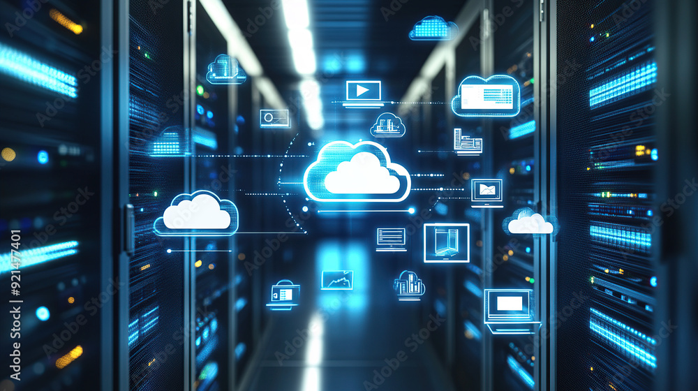 Poster digital illustration of cloud storage technology with icons and data connection in server room backg