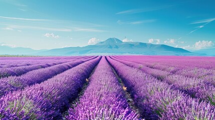 Lavender Fields Under a Blue Sky with Mountains in the Background