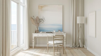 Coastal Minimalist Home Office with White Desk and Ocean View