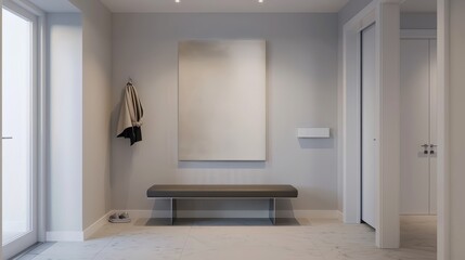 Modern Entryway with Bench, Coat, and Blank Canvas
