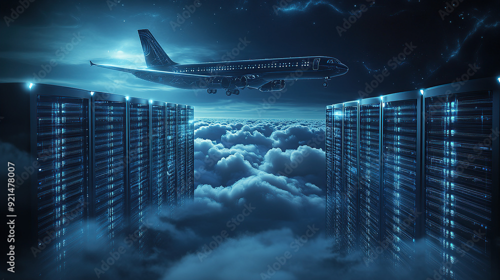 Poster digital air flight background with airplane flying over dark blue digital clouds and computer server