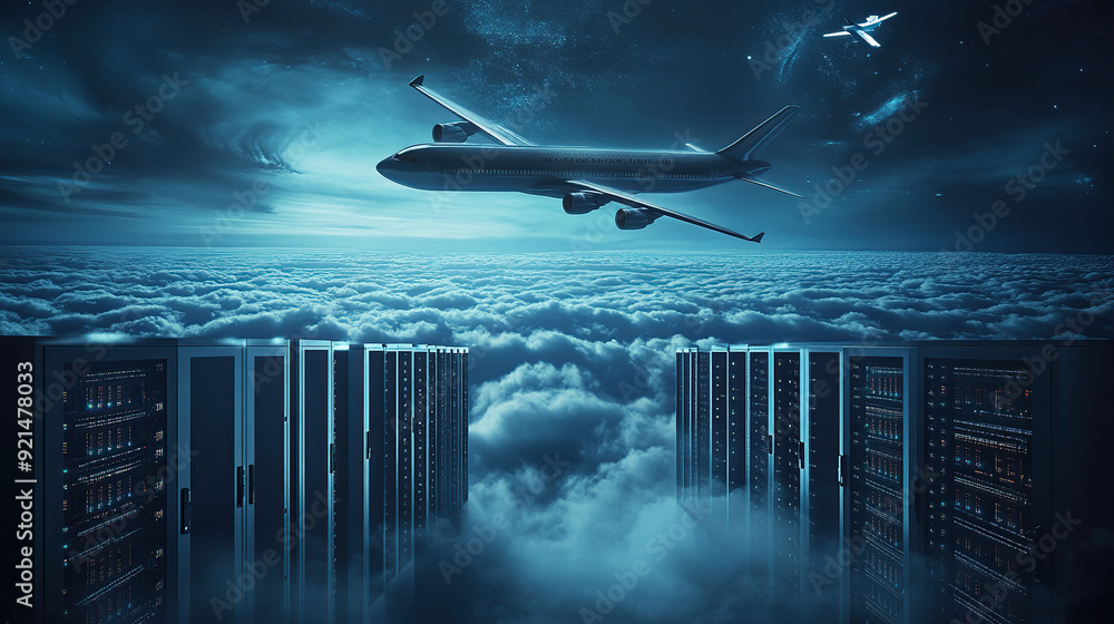 Poster digital air flight background with airplane flying over dark blue digital clouds and computer server