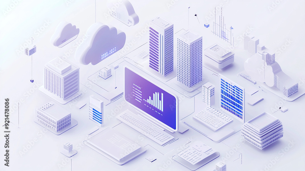 Poster isometric illustration of cloud computing with computers and buildings