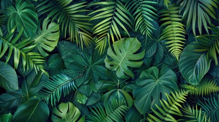 Various tropical leaves create a vibrant and lush greenery with intricate textures and shapes