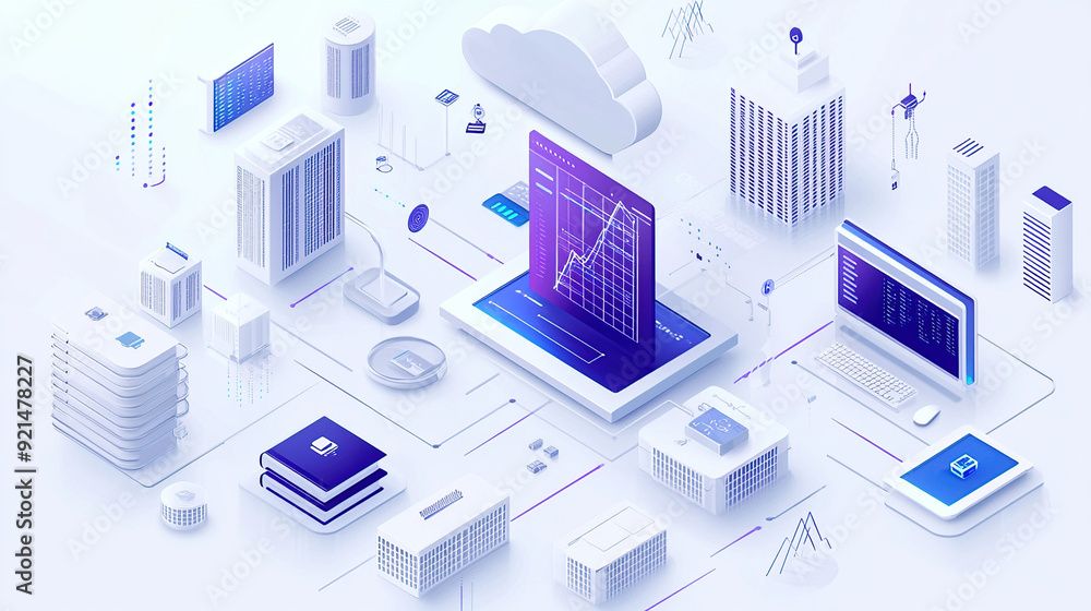 Poster isometric illustration of cloud computing with computers and buildings