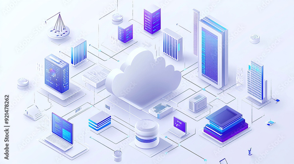 Poster isometric illustration of cloud computing with computers and buildings