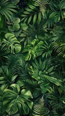 A vibrant mix of tropical leaves thrives under bright sunlight in a lush environment