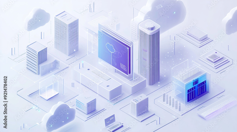 Poster isometric illustration of cloud computing with computers and buildings